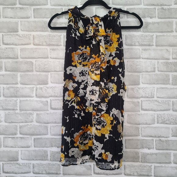 White House Black Market Black Floral High Neck Sleeveless Top Womens 8 NWT - Picture 2 of 8
